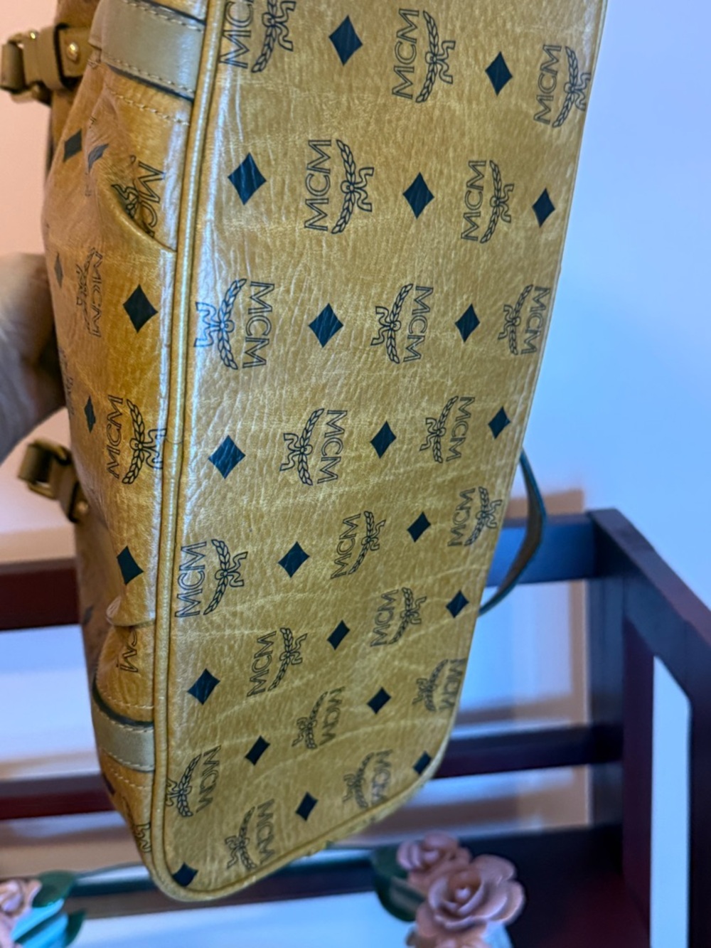 MCM Visetos Mustard Logo Canvas Tote with Leather Trim - Picture 5 of 9